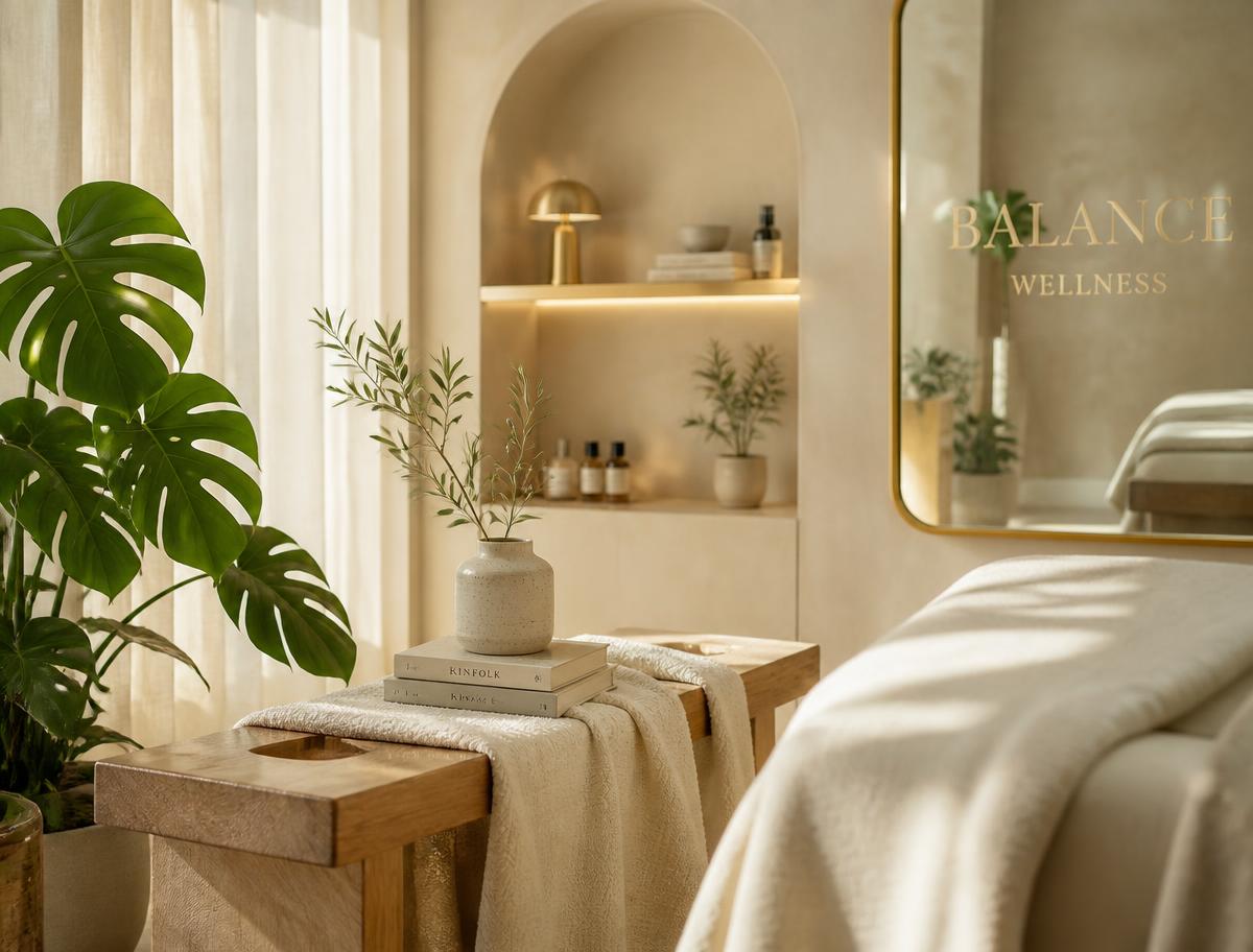 A calm, sunlit wellness space with plants and warm neutral textiles
